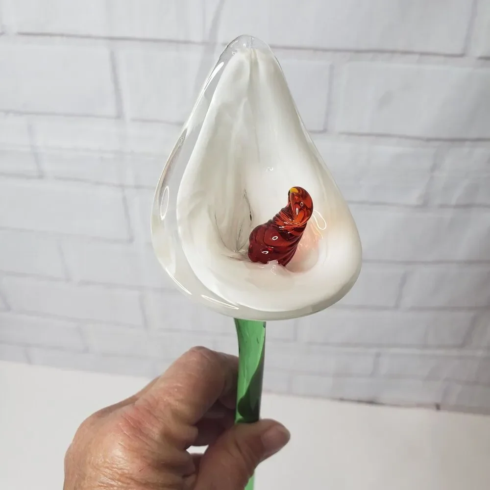 Beautiful Hand Blown Art Glass White Lily Flower Sculpture 14